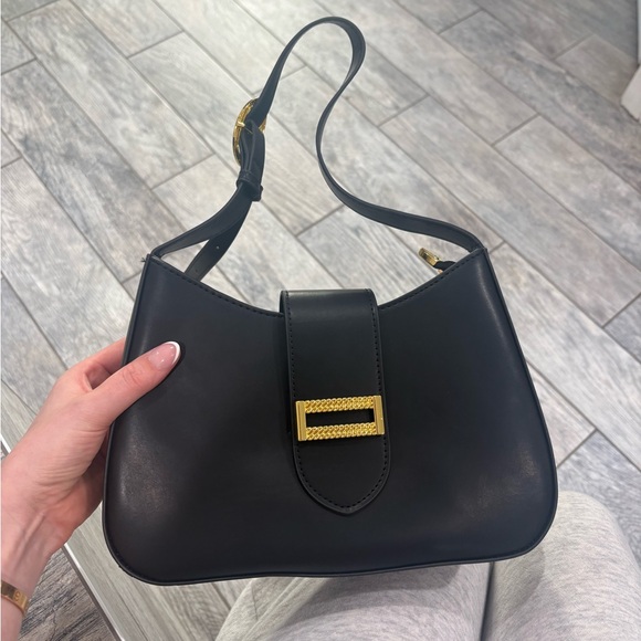Handbags - Black Leather Shoulder Bag with Gold Accent